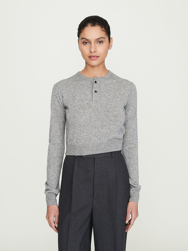 Auralee Super Fine Cashmere Silk Knit Henley Neck Pullover in Top Grey
