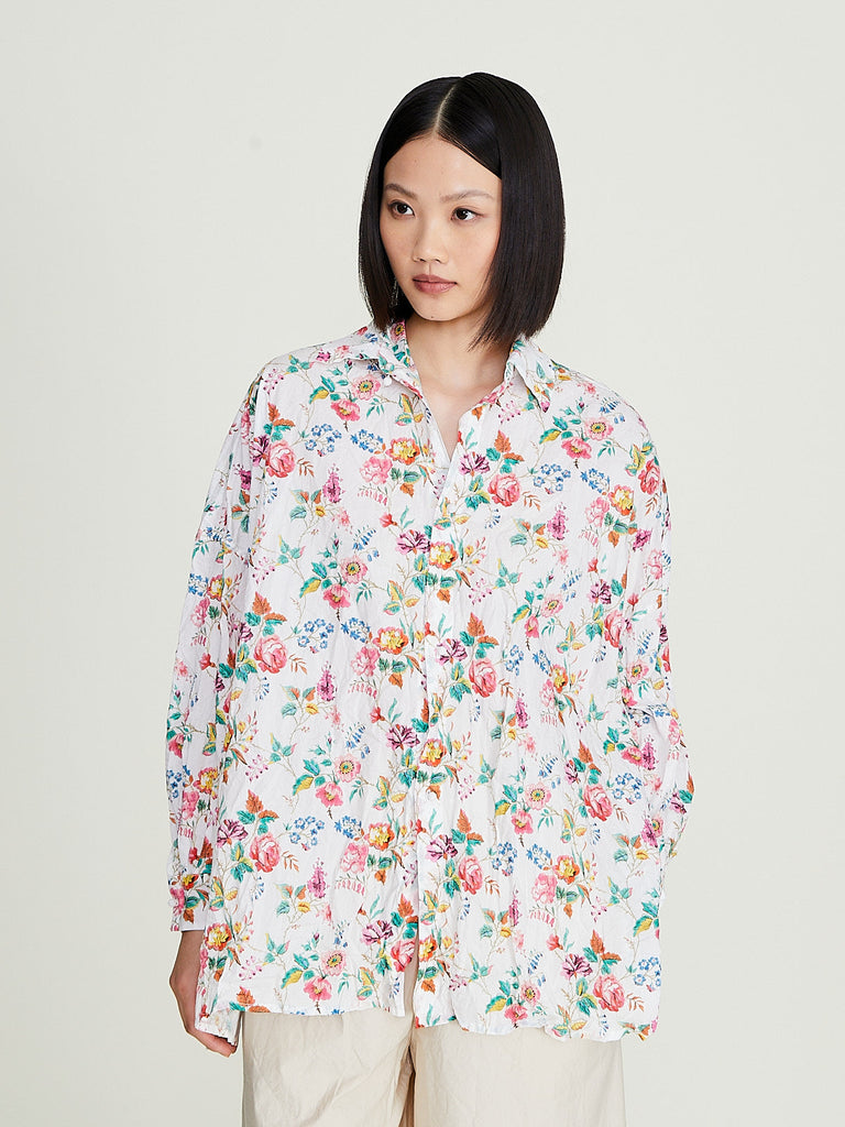 Daniela Gregis - Camicia Shirt Uomo Larghissima Media Lavata in White With Big Coloured Roses