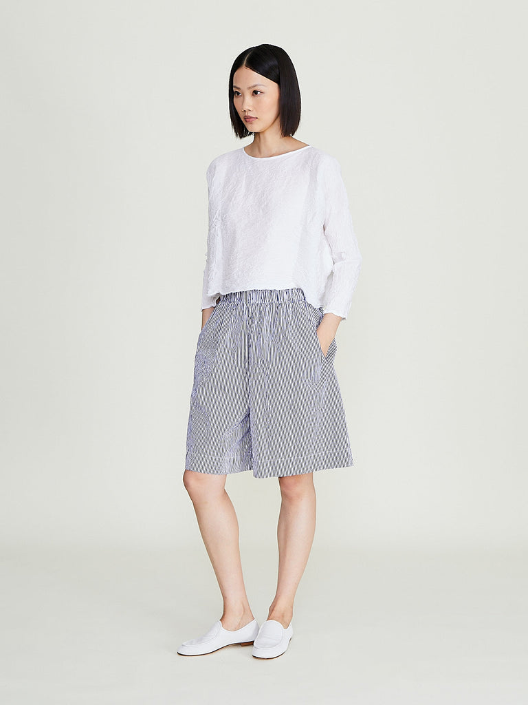 Daniela Gregis - Pantalone Trousers Bermuda Pigiama Tasche Lavato in White Blue 0.2cm Stripes