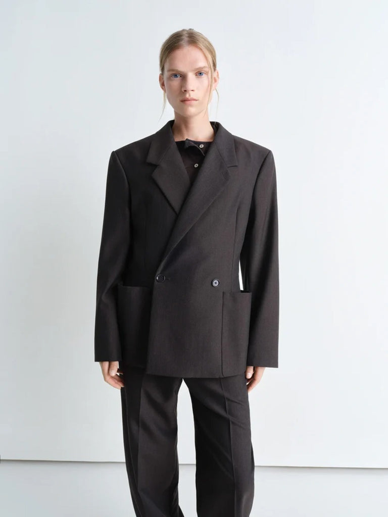 Lemaire Double Breasted Tailored Jacket in Dark Espresso Melange