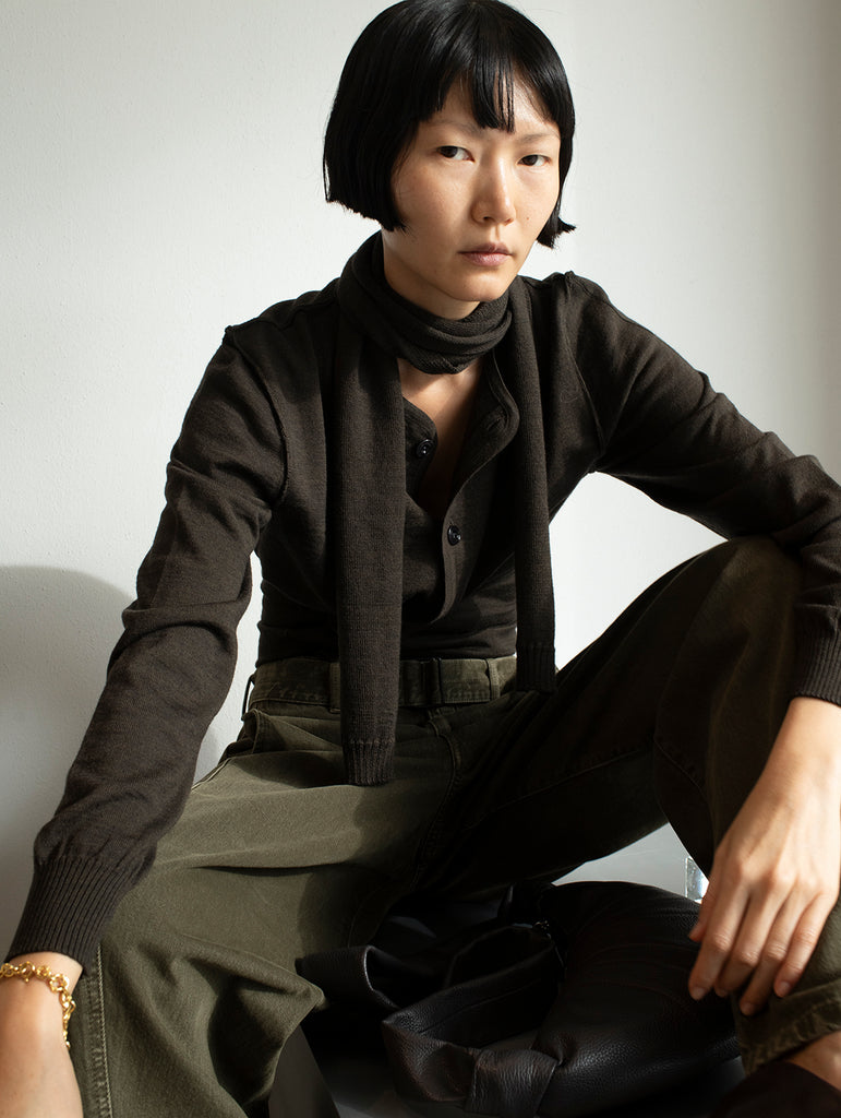 Twisted Cardigan with Scarf in Dark Cacao