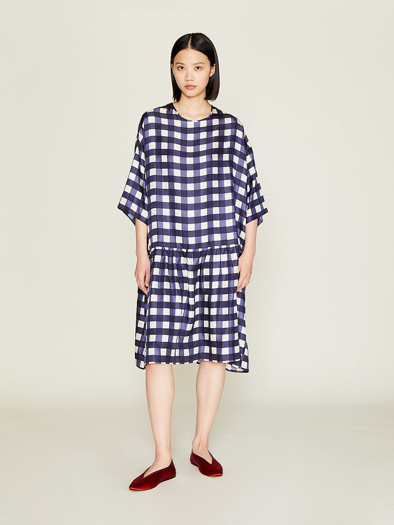 Eleph - Short Mumu Dress in Navy Check