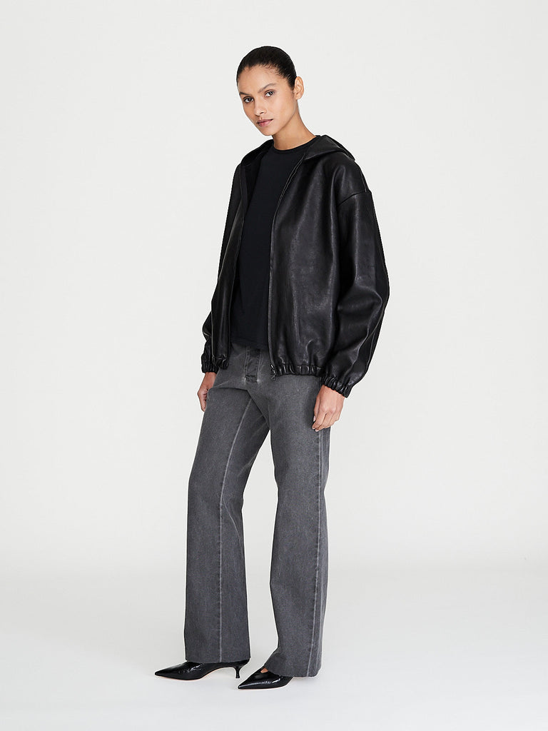 Gabriela Coll Garments - No. 216 Leather Hooded Zipper Jacket in Black