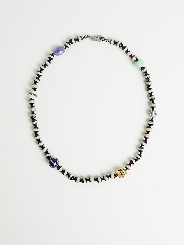 Ileana Makri - Black Agate Stripe Beaded Necklace with Multicolor Stones, Grey Diamonds and 9k White Gold Clasp (40cm)