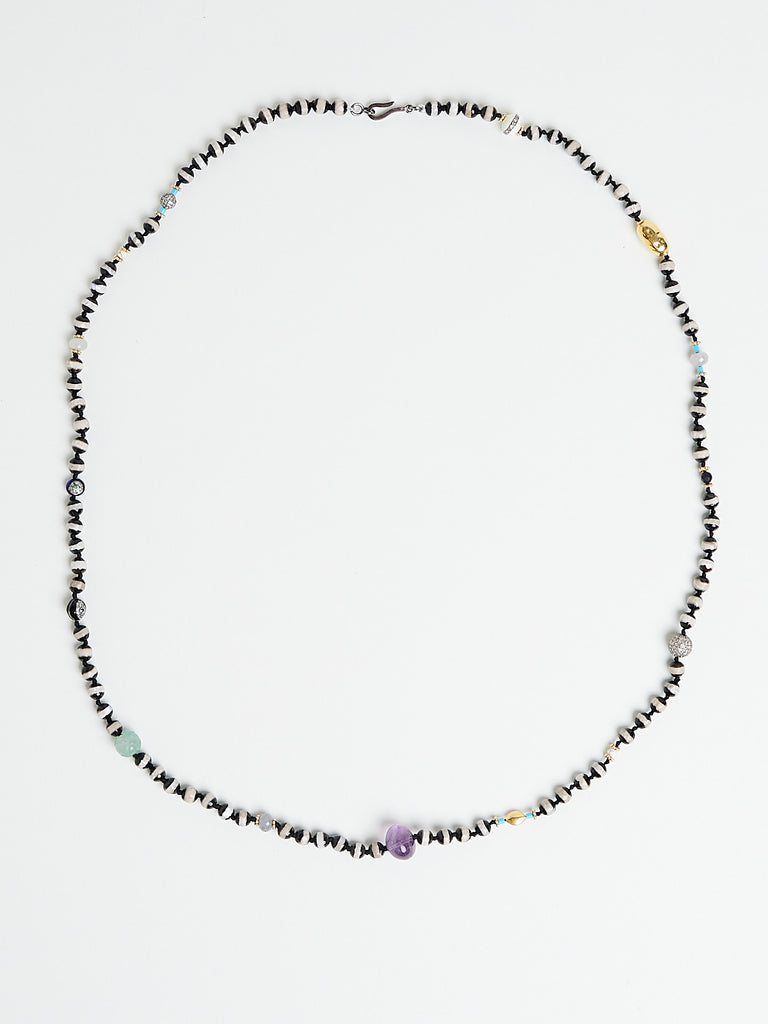 Ileana Makri - Stripe Matte Beaded Necklace with Multicolor Semiprecious Stones, Grey Diamonds, Black Agate and 9k Oxidised White Gold (80cm)
