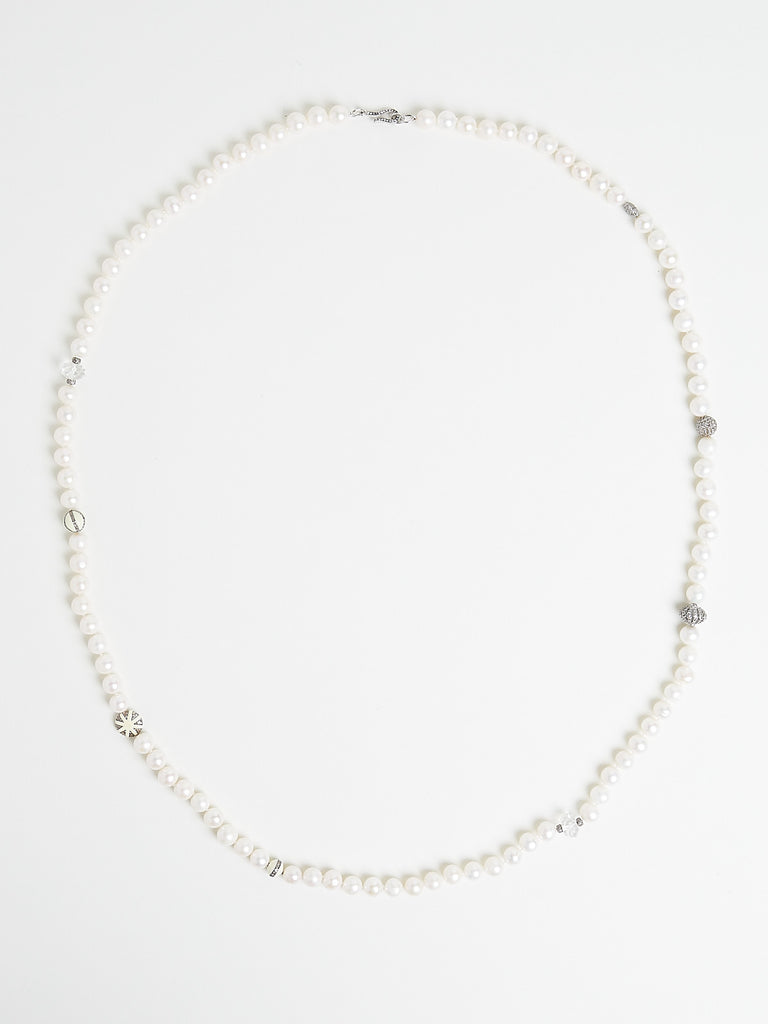 Ileana Makri - Pearl Beaded Necklace with Grey Diamonds, Enamel, Sterling Silver and 10k White Gold Clasp (99cm)