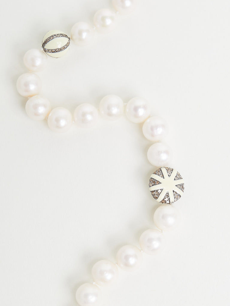 Ileana Makri - Pearl Beaded Necklace with Grey Diamonds, Enamel, Sterling Silver and 10k White Gold Clasp (99cm)