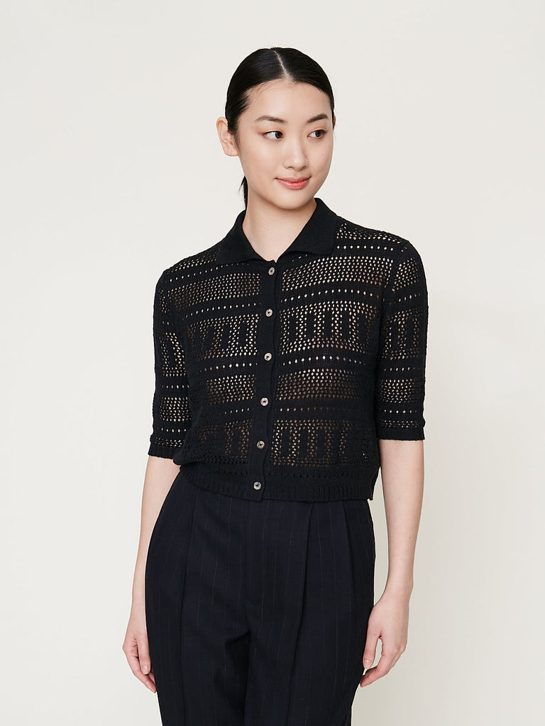 Knitbrary Lacy Collar Cardigan in Black