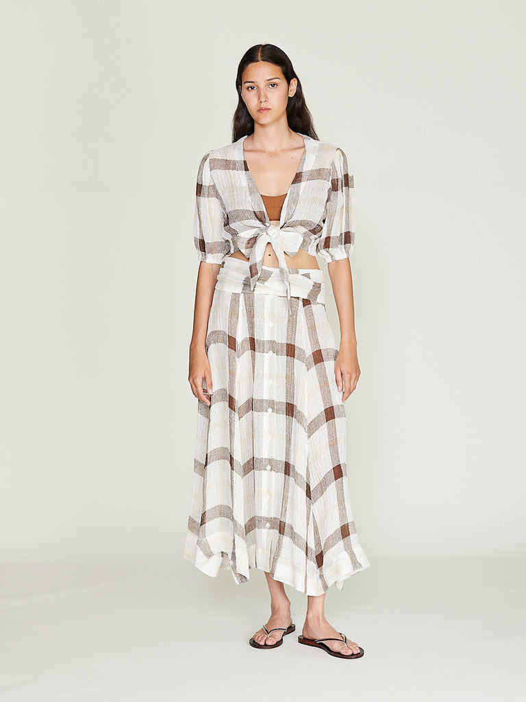 Lisa Marie Fernandez - Beach Skirt in White/Yellow/Brown Windowpane Gauze