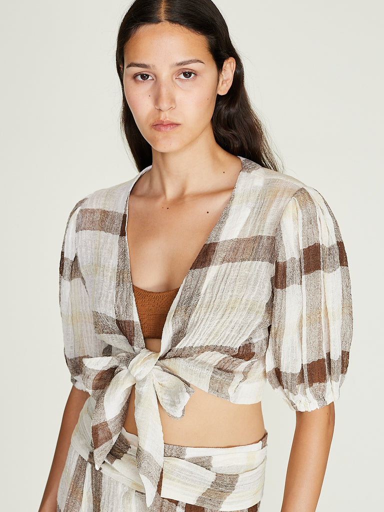 Lisa Marie Fernandez - Pouf Tie Blouse in White/Yellow/Brown Windowpane Gauze