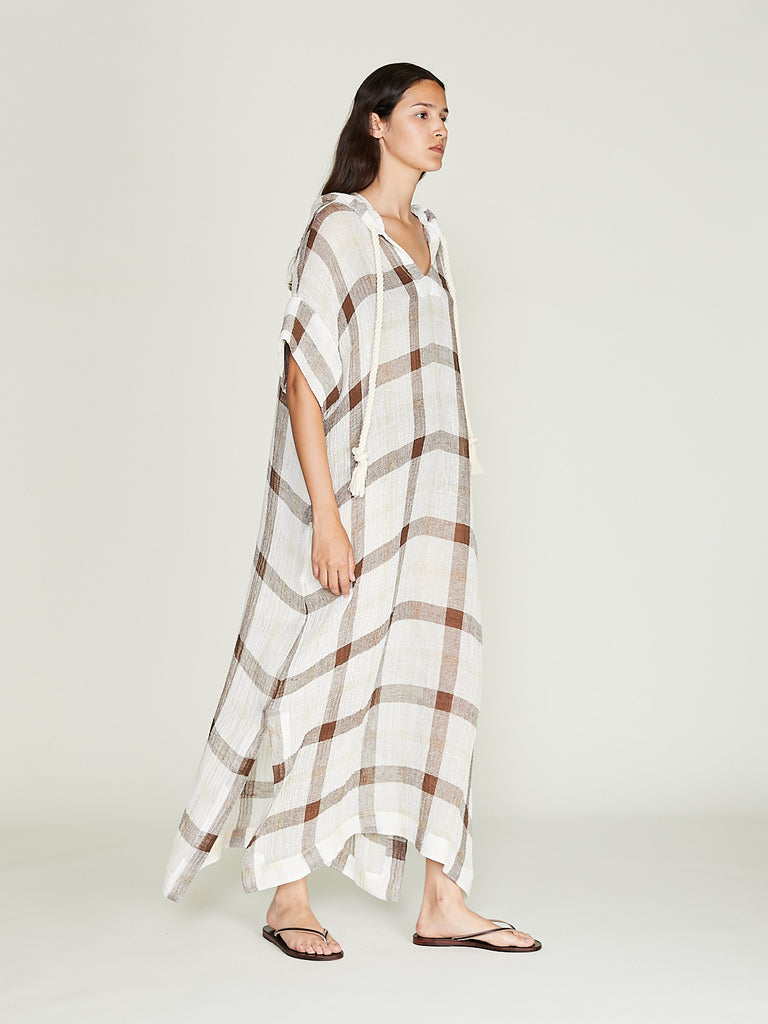 Lisa Marie Fernandez - Drawstring Hooded Caftan in White/Yellow/Brown Windowpane Gauze