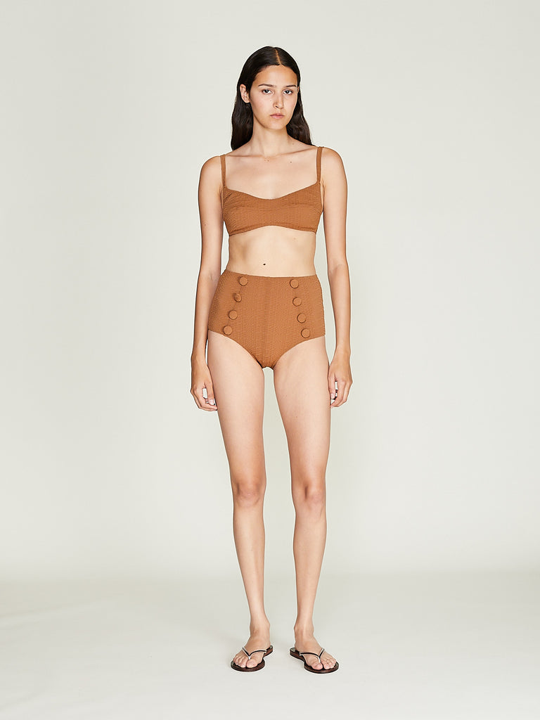 Lisa Marie Fernandez - Balconette High-Waist Bikini in Caramel Seersucker
