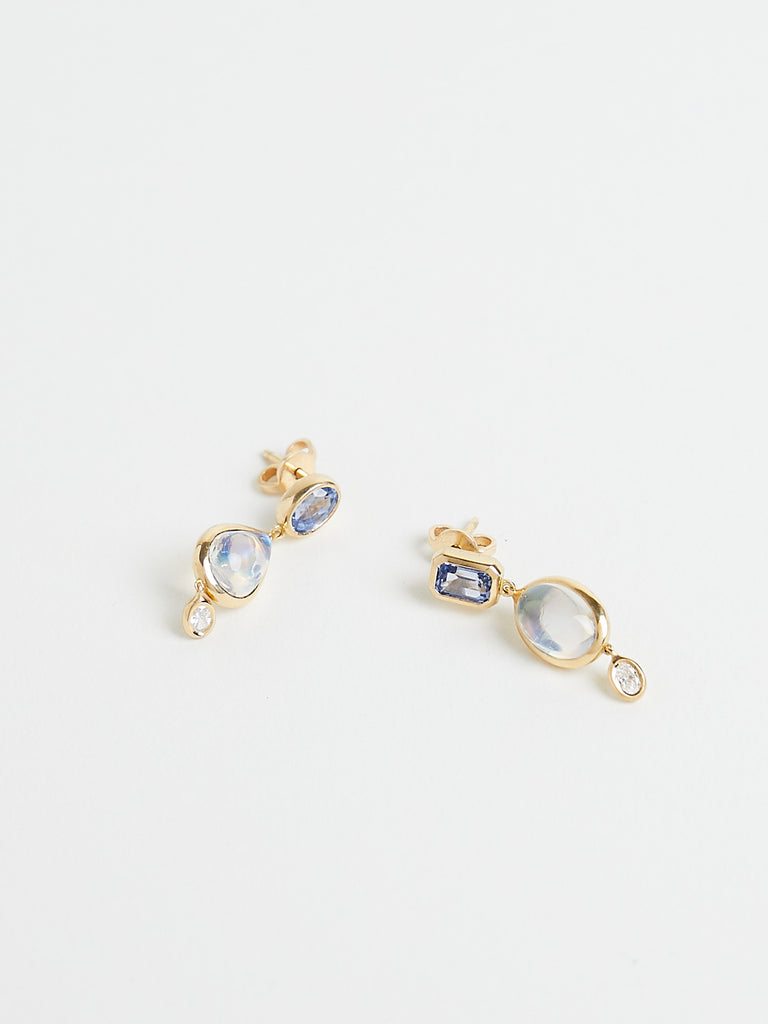 Myrto - Moon Drops Earrings with 0.12ct Brilliant Diamonds, 1.47ct Sapphire, 4.12ct Moonstones on 18k Yellow Gold
