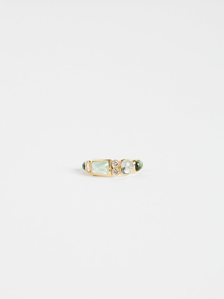 Myrto - Totem Ring with 2.73ct Green/Blue Tourmalines and Brown Diamonds on 18k Yellow Gold