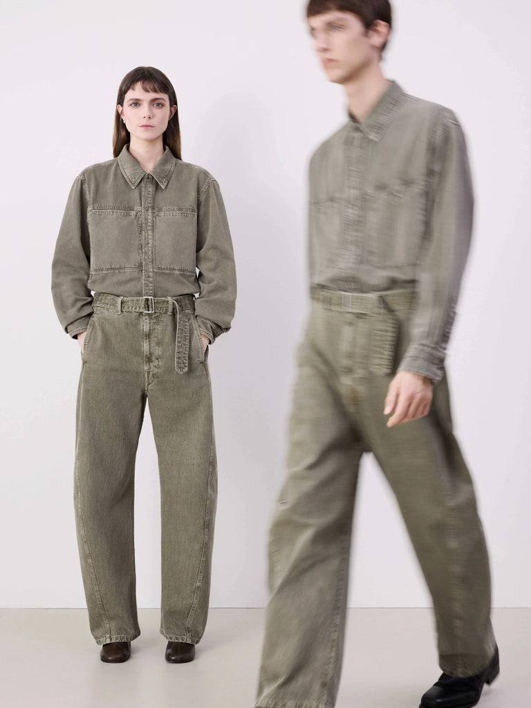 Lemaire Twisted Belted Pants in Denim Snow Olive